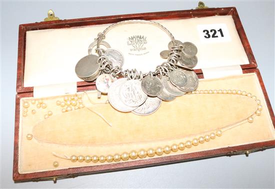 Pearl necklace & coin bracelet